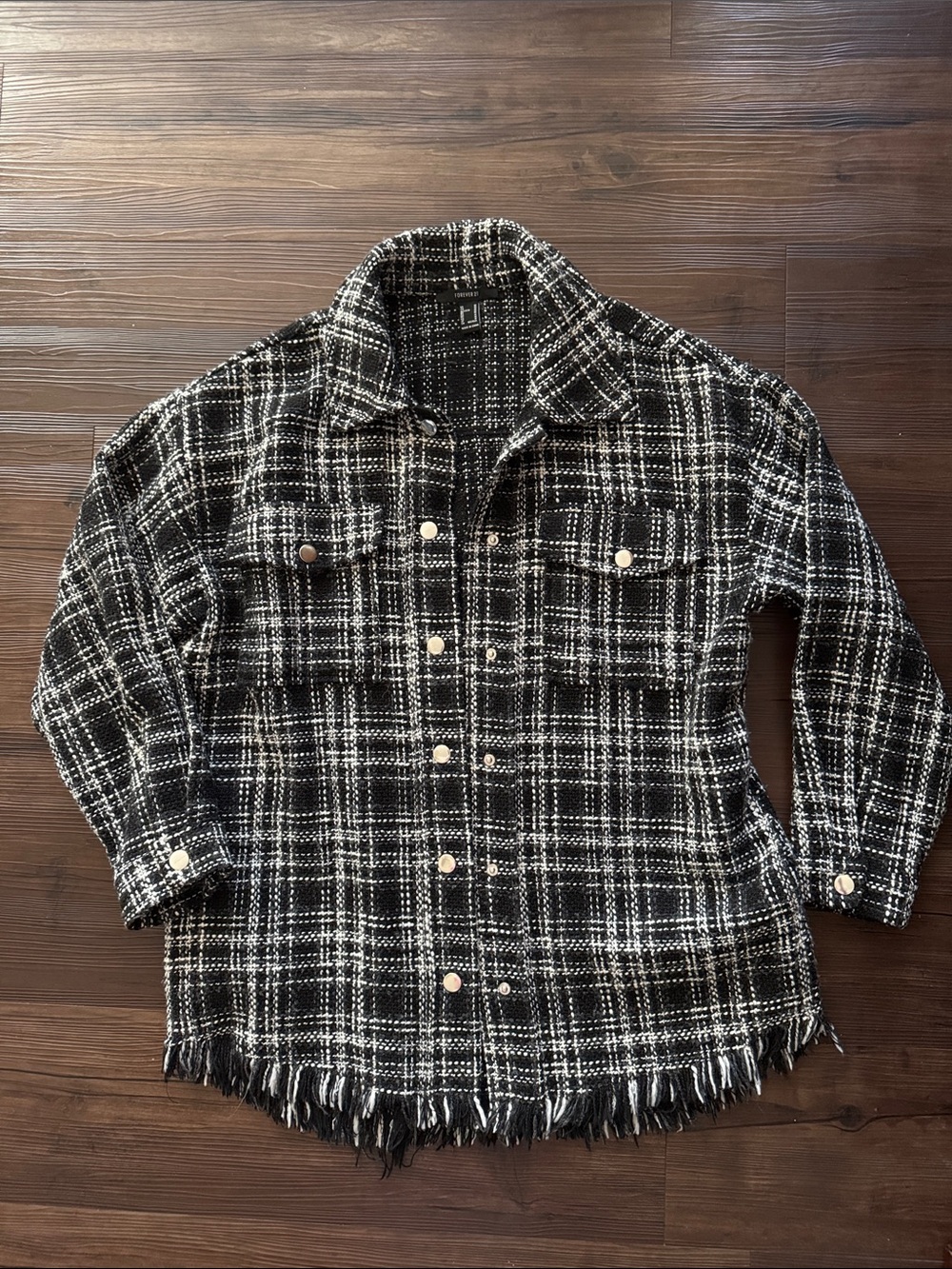 Forever 21 Black & White Plaid Fringe Shacket